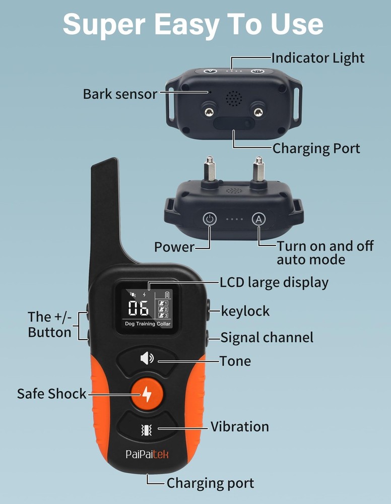 PaiPaitek Bark Activated Shock Collar with Remote - Automatic Bark and Traini...
