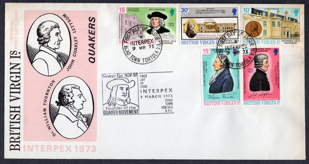 INTERPEX STAMP SHOW QUAKERS 1973 VIRGIN ISLANDS FDC