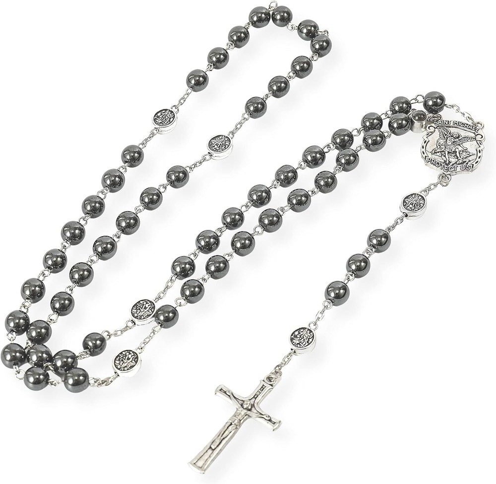 Hematite Black Stone Beads Rosary Necklace with St Michael Centerpiece, Crucifix