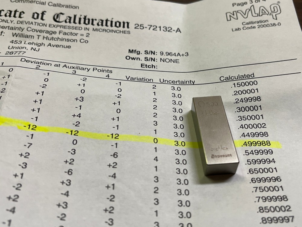 .500" Starrett-Webber Gage Block with certification