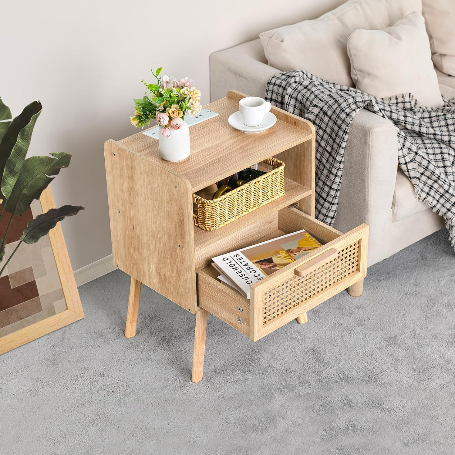Rattan Nightstand with Charging Station, Boho Side Table with Drawer Open Shelf,