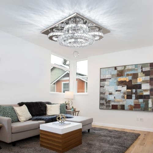 Modern 5-Ring Crystal Ceiling Light, 13.3" Dimmable LED Flush WCY Dimmable