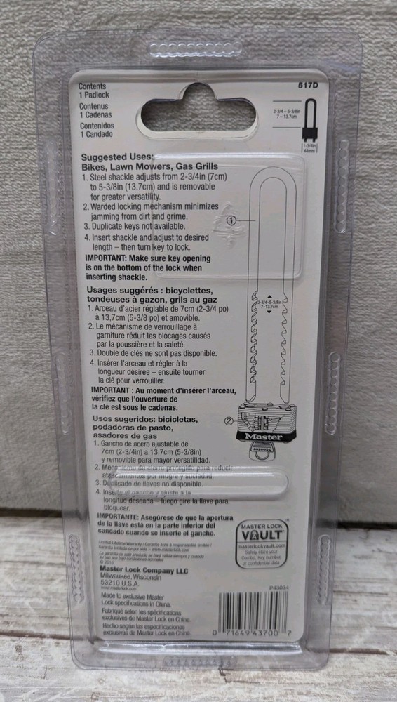 Master Lock 517D Padlock 2 -3/4" - 5-3/8" Long Adjustable Shackle