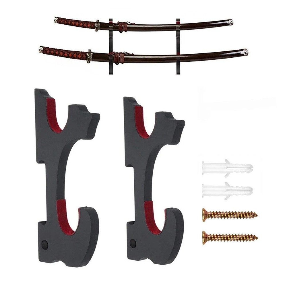 2-Tier Wall Mount Katana Display Holder Samurai Stand Rack Adjustable Wood Hook