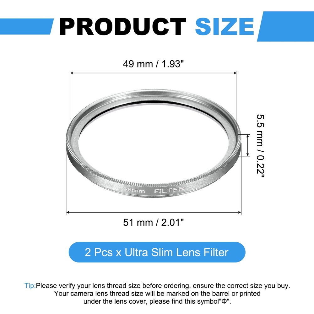 2Pcs 49mm Ultra Slim Lens Filter Multi Coating Camera Len Filter, Silver