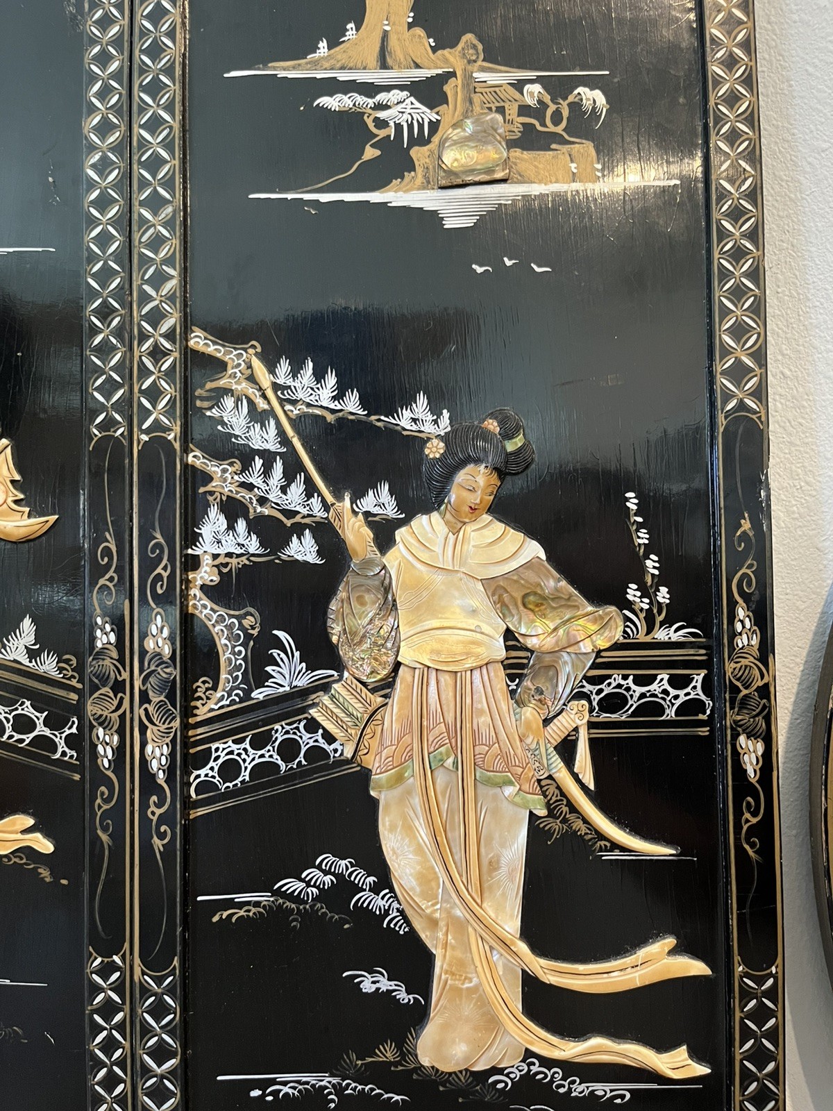 VTG 5 Asian Oriental BLACK Lacquer Mother of Pearl Wall Panels 36H x 11,5W, 30”