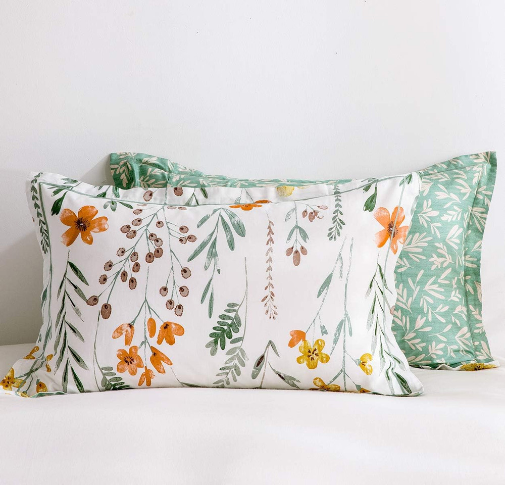 King Size Comforter Set Yellow Flowers & Green Botanical Pattern Printed on Whit