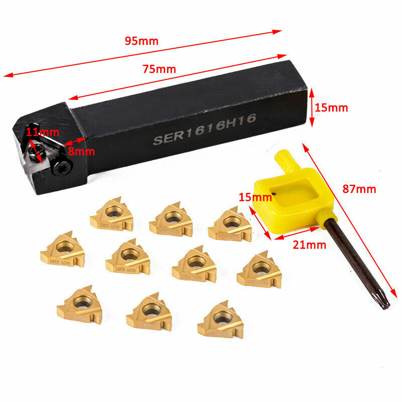 SER1616H16 Lathe Turning Tool Holder+10Pcs 16ER AG60 Threading Carbide Insert BE