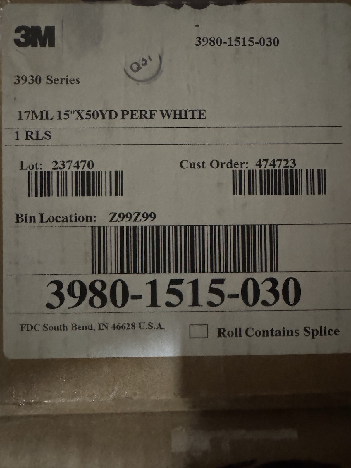 3M WHITE PRISMATIC REFLECTIVE VINYL PUNCHED TRACTOR FEED 15” X 50 Yards