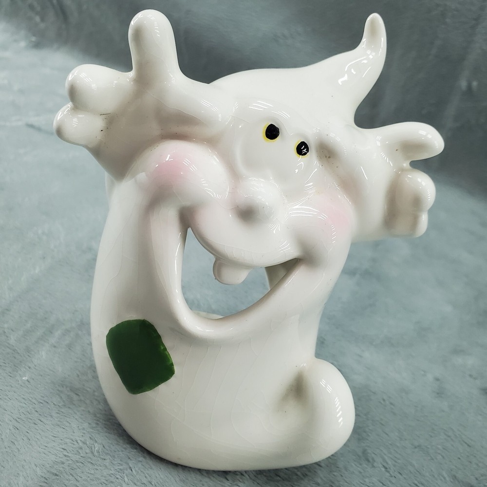 Ghost Tealight Candle Holder Green Patch Glossy White Ceramic Blushing