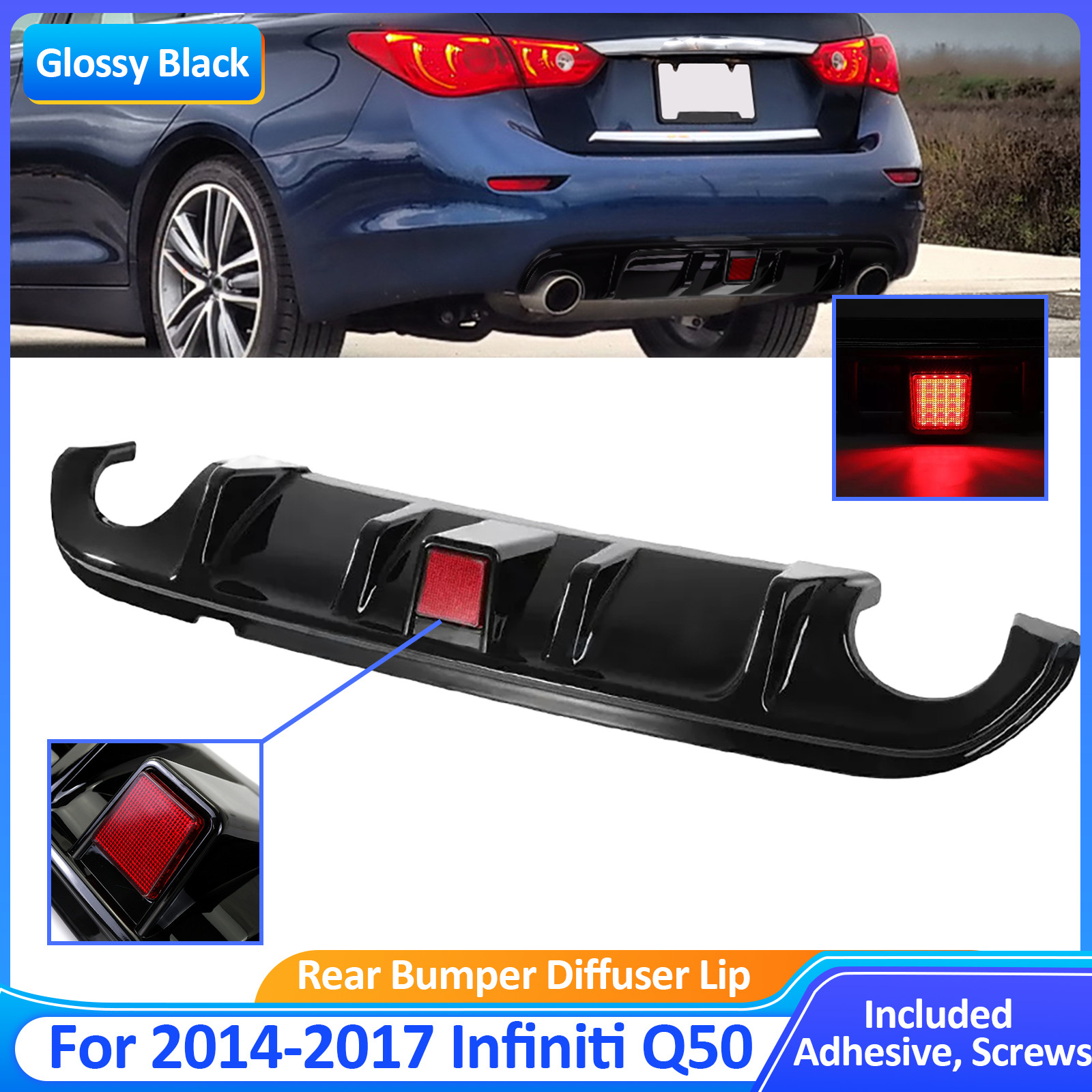 Fit 2014-2017 Infiniti Q50 Glossy Black Rear Bumper Diffuser W/ LED Brake Light