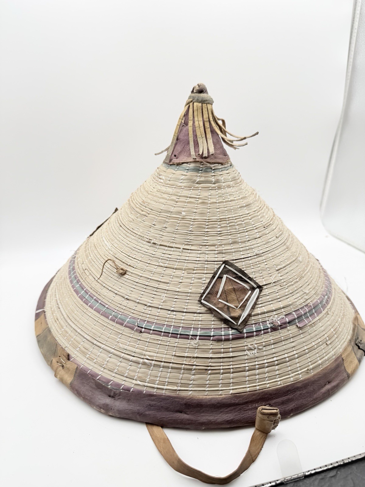 African Fulani Worn Straw Woven Sun Conical Hat Vintage Straw & Leather