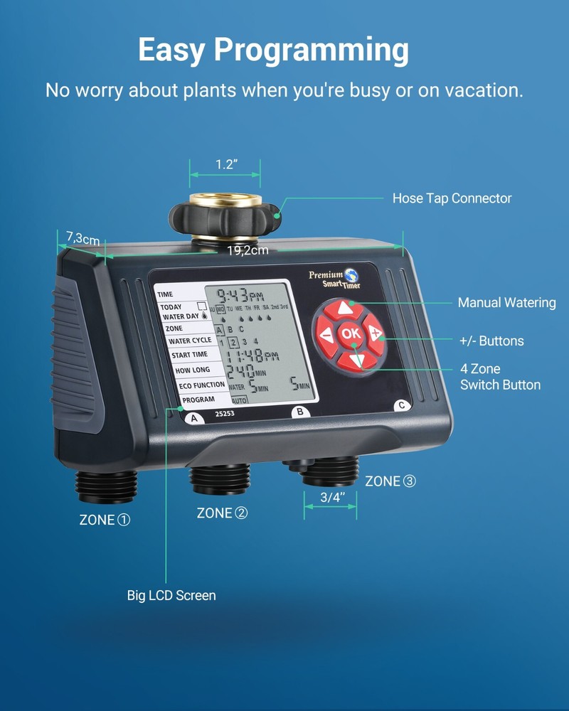 DEWENWILS Sprinkler Timer 3 Zone, 4 Programmable Water Hose Timer for Garden