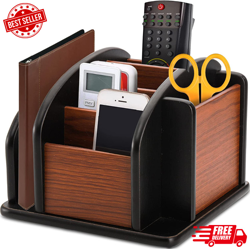 Wood Rotating Remote Caddy, Remote Control Holder for Table, 6-Compartment