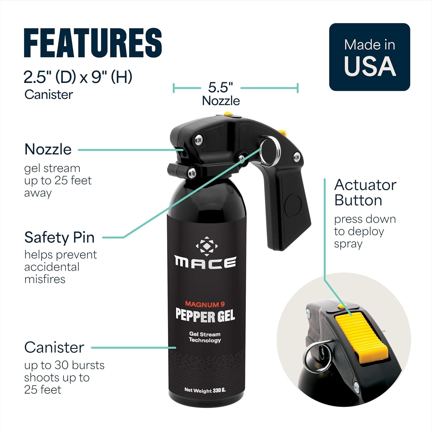 Mace Magnum 9 Pepper Gel Stream 25ft NoWind UV Dye Max Strength Pistol Grip 330g