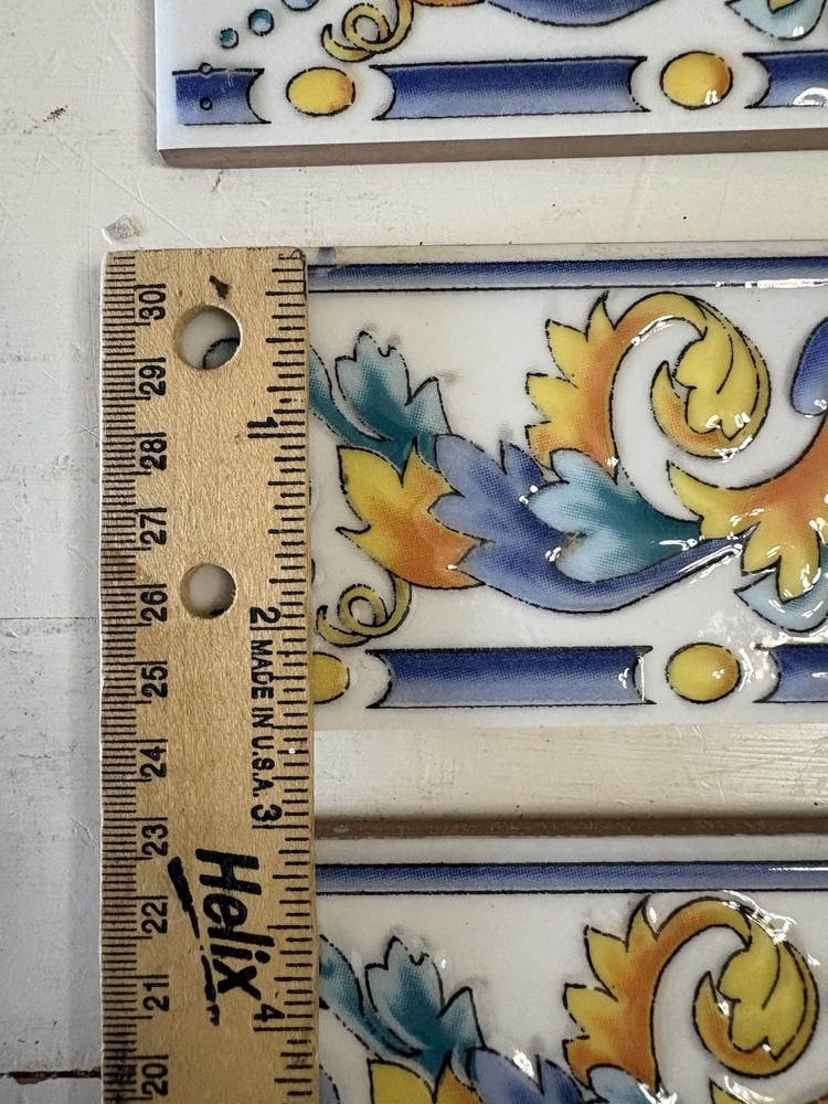 Lot - 10 Listello Tile Border Liner Yellow Orange Blue Scroll Pattern Wall Tiles