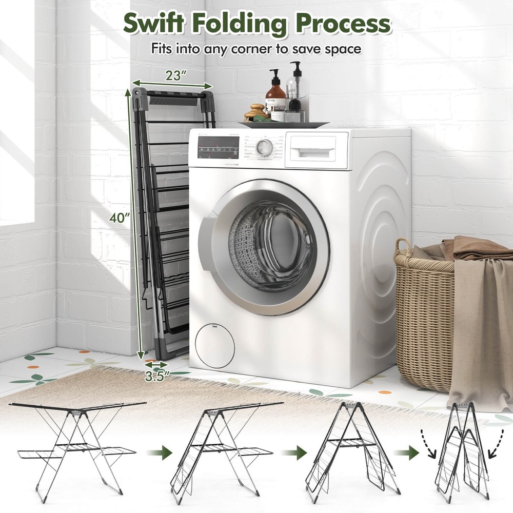 2-Tier Clothes Drying Rack w/ 33 Drying Rails Height Adjustable Gullwings