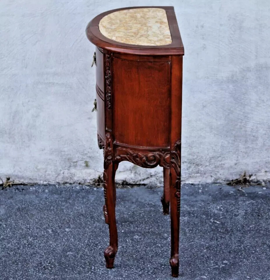 French Provincial Bedside Table - Demilune, Marble Top, Fully Refinished