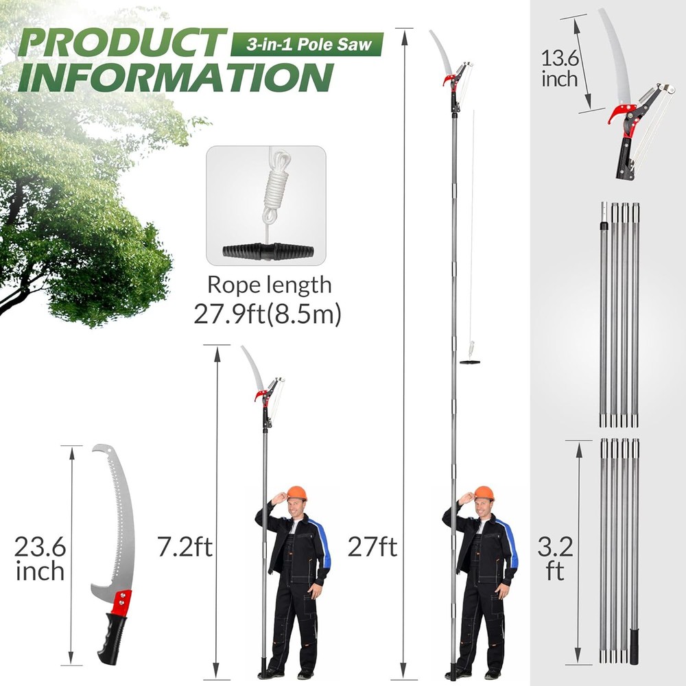 Walensee Pole Saws for Tree Trimming,7.2-27FT Extendable Tree Pruner,with Blade