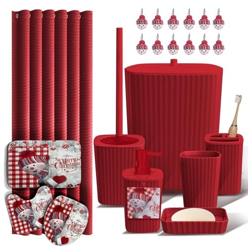 Bathroom Accessory Set - 22PC, Modern, Red Complete Set + Bath Rugs Christmas