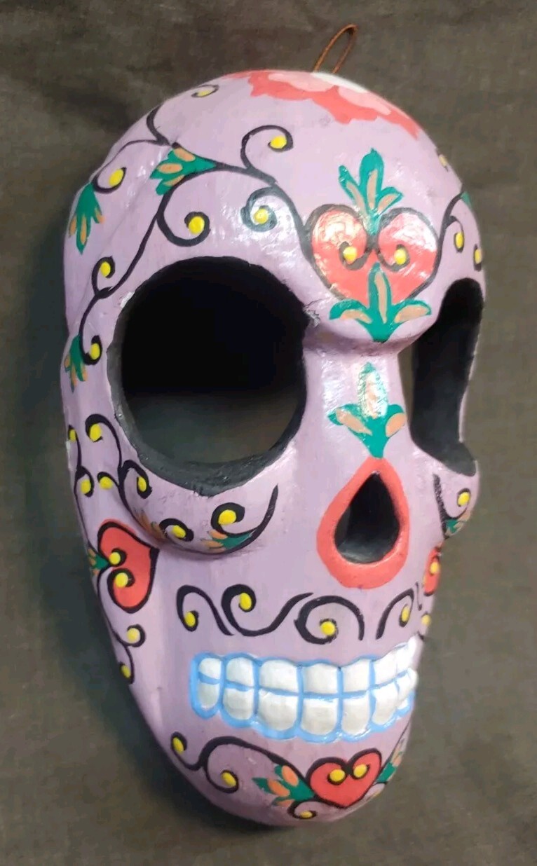 Hand Painted Carved Wall Hanging Sugar Skull Mask Day Of The Dead