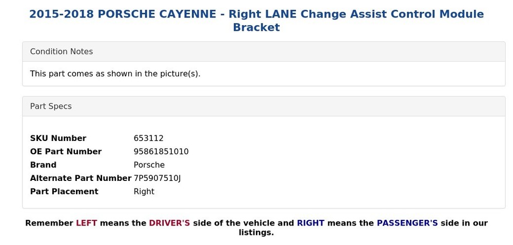 2015-2018 PORSCHE CAYENNE - Right LANE Change Assist Control Module Bracket
