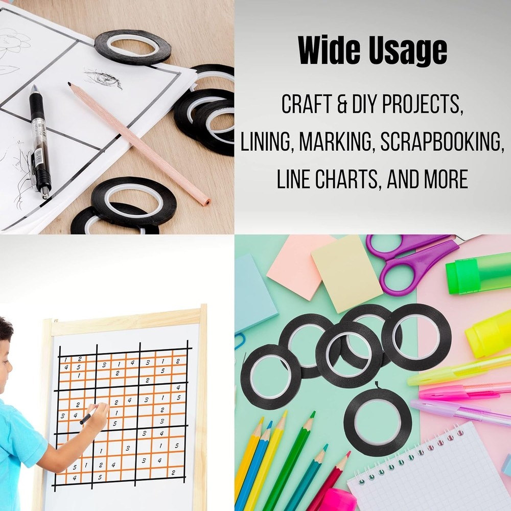 Versatile Black Grid Tape on 12 Rolls - Thin Self-Adhesive for Marking Surfaces