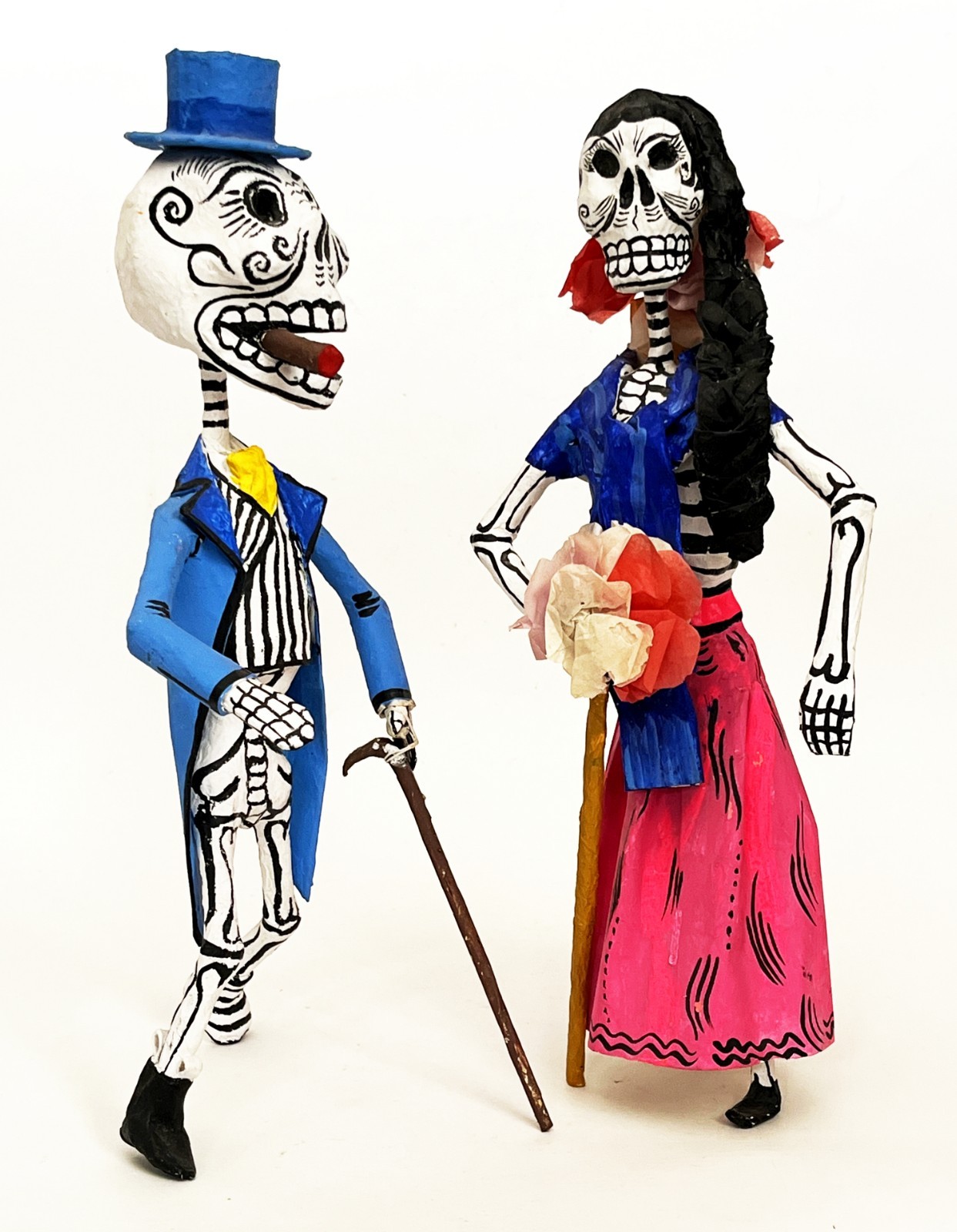 2 1970s SIGNED LINARES MEXICAN CARTONERIA PAPER MACHE SKELETON CATRINA SCULPTURE