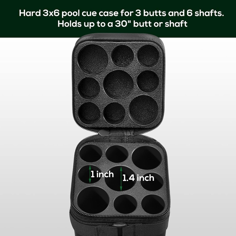 3x6 Pool Cue Hard Case - Protection with Adjustable Strap & Accessories