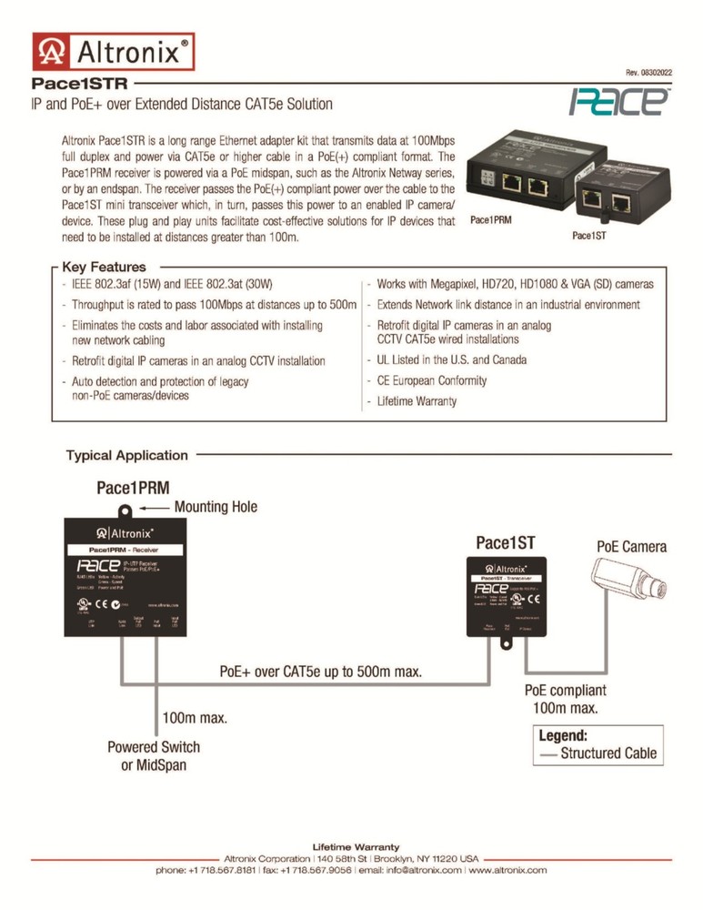 Altronix PACE1STR Long Range Ethernet Adapter Kit 100Mbps POE+