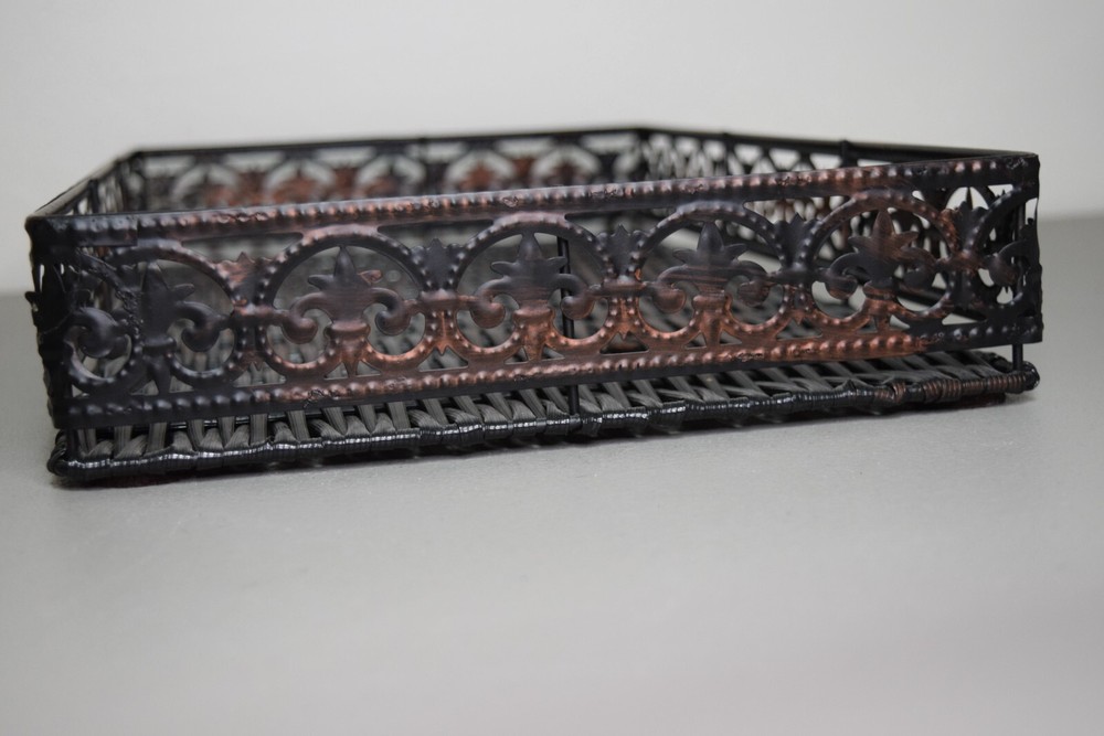 Wicker And Metal Serving Tray Fleur de Li Pattern