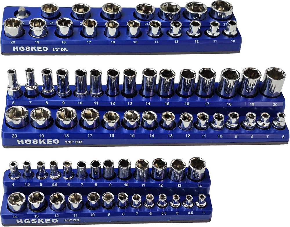 Magnetic Socket Organizer Set, 3 Pcs Blue Metric Socket Tray Set for 1/4", 3/8",