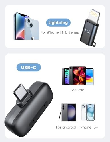 Wireless Mini Lavalier Microphone for iPhone & Black -Lightning & Type-C port