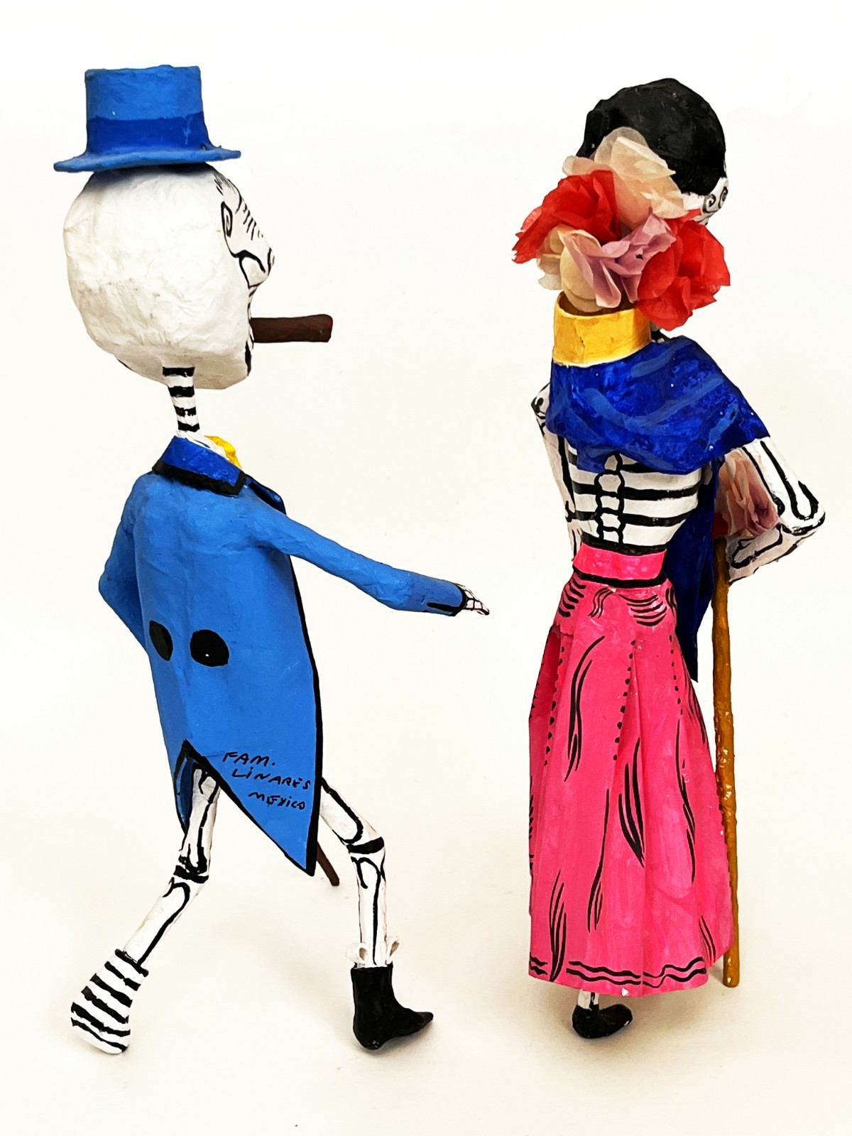 2 1970s SIGNED LINARES MEXICAN CARTONERIA PAPER MACHE SKELETON CATRINA SCULPTURE