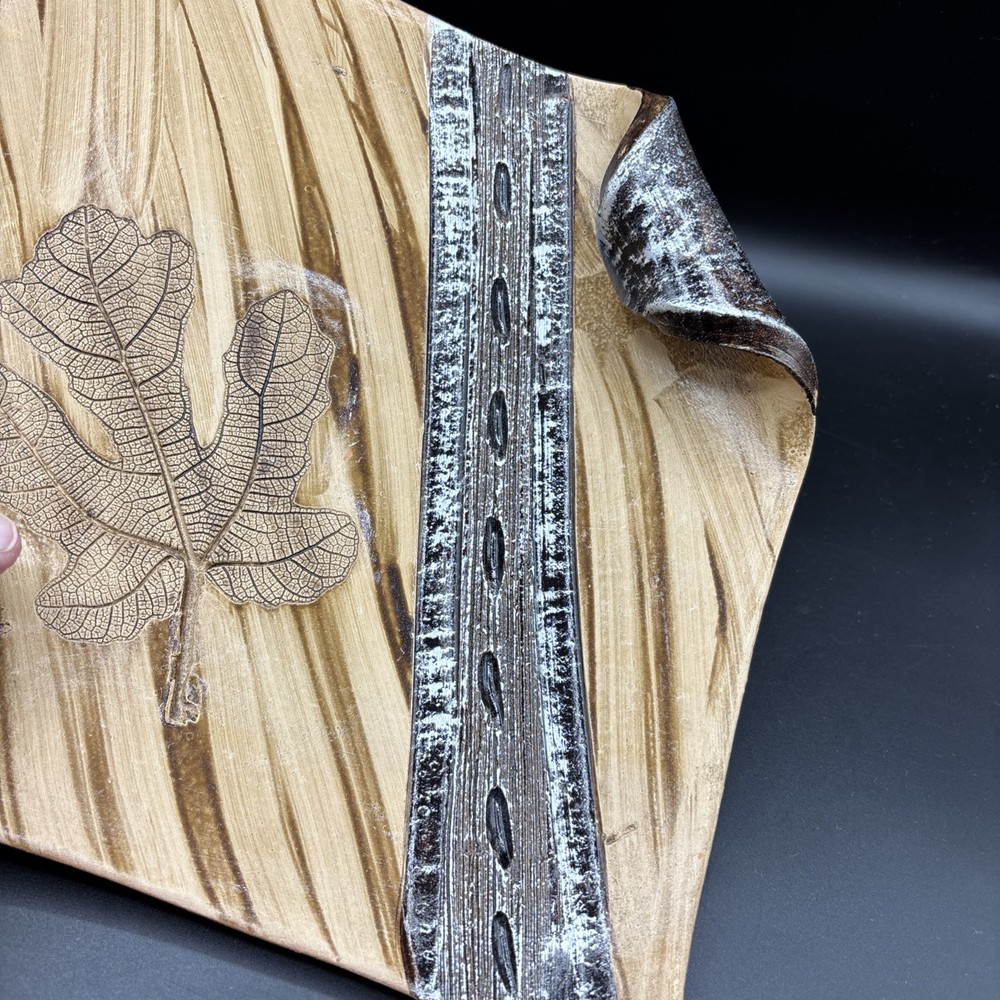 Studio Art Pottery Decor Dish Carved Leaf Pattern Metallic Curled Unsigned