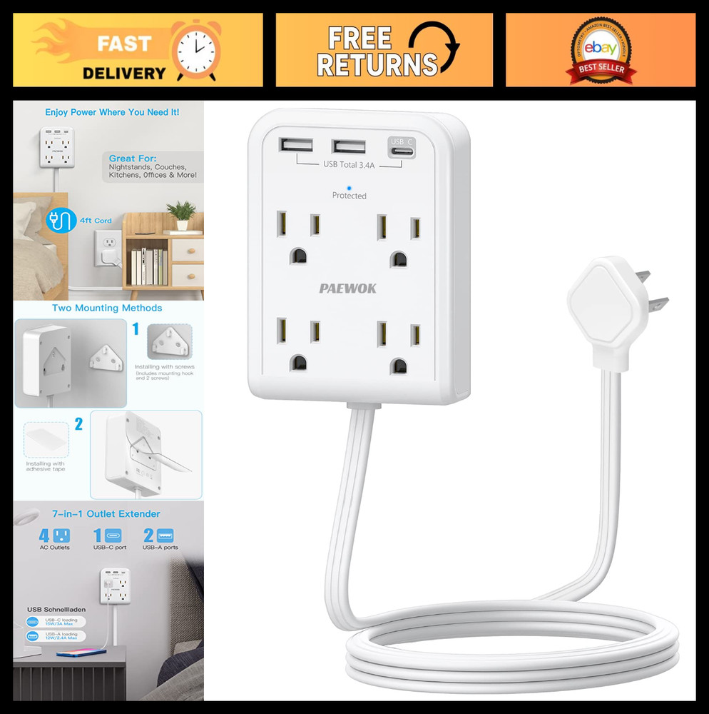 "Flat Multi Plug Extender with 3 USB Ports, 4 Outlet Surge Protector, 4ft Cord"