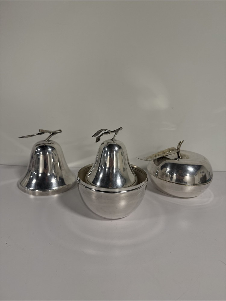 Vintage Apple Pear Fruit Trinket Nesting Box Containers Silver plated MCM Decor