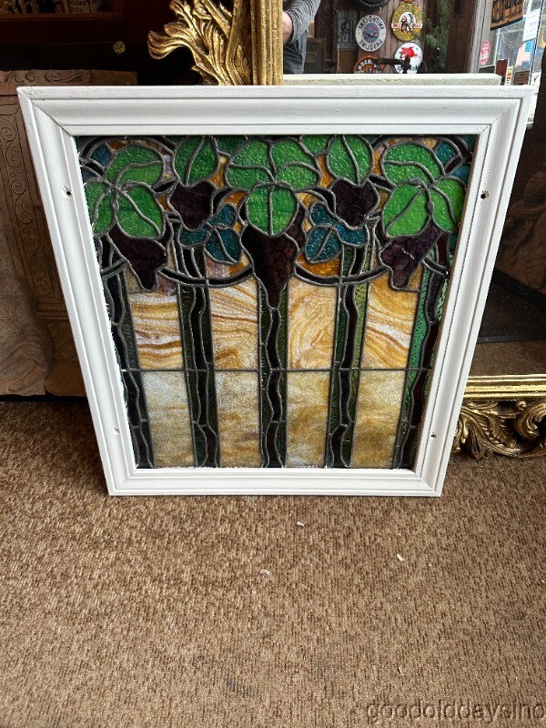 Antique Stained Leaded Glass Grapevine Window 28"x26"