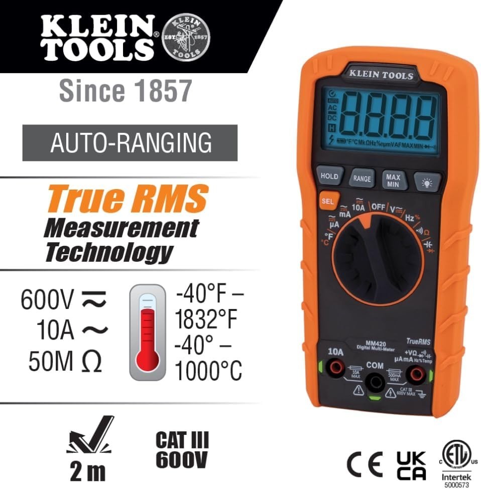 MM420 Digital Multimeter, Auto-Ranging TRMS Multimeter, 600V AC/DC Voltage, 1...