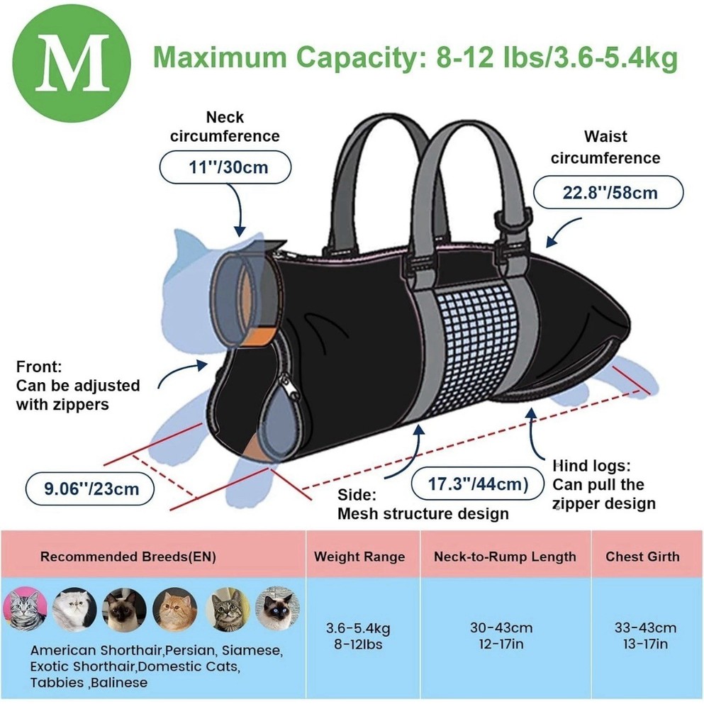 Durable Cat Grooming Bag & Muzzle* NO Scratching-Biting*Black Medium*