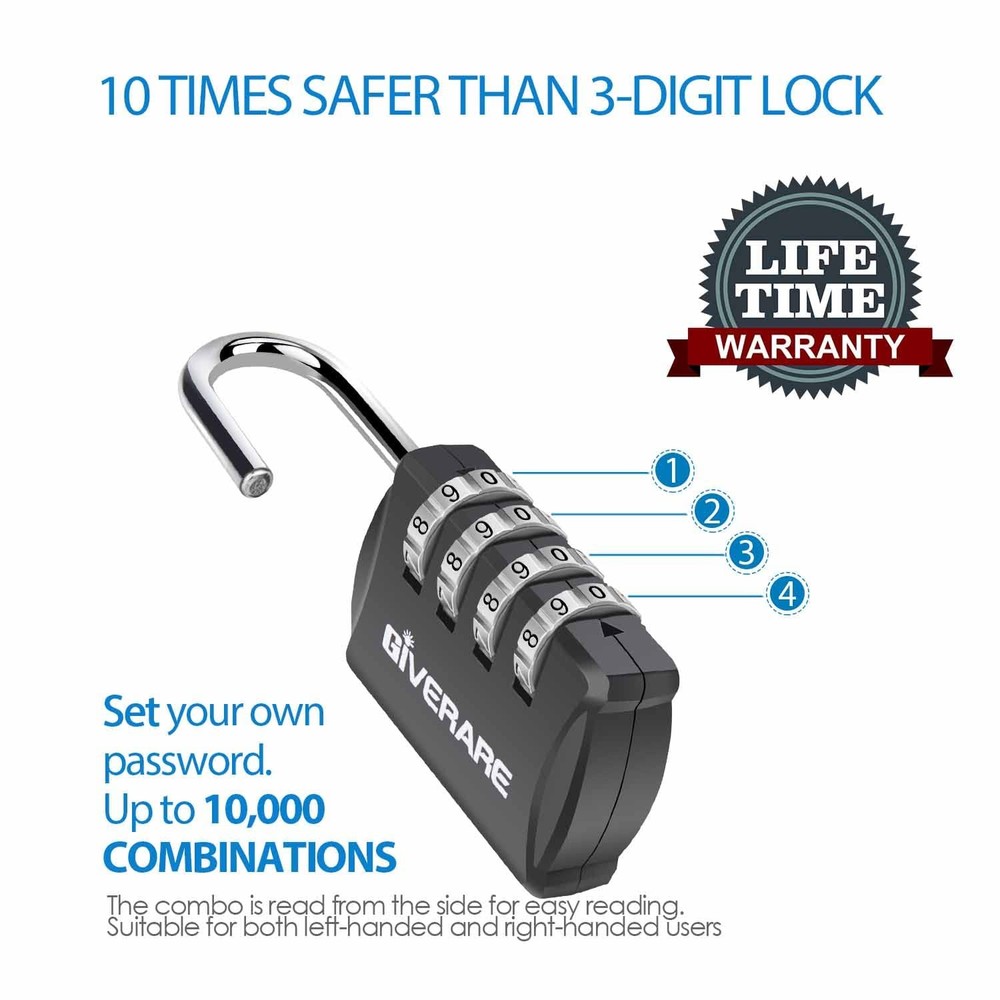 GIVERARE 4 Pack Combination Lock, 4-Digit Padlock Keyless, Resettable Black