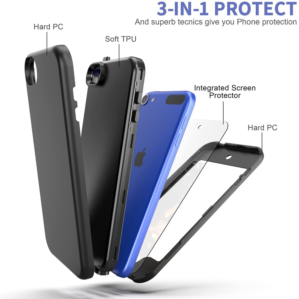 Yamink for iPod Touch 7 Case with Screen Protector,Lightweight Full Black