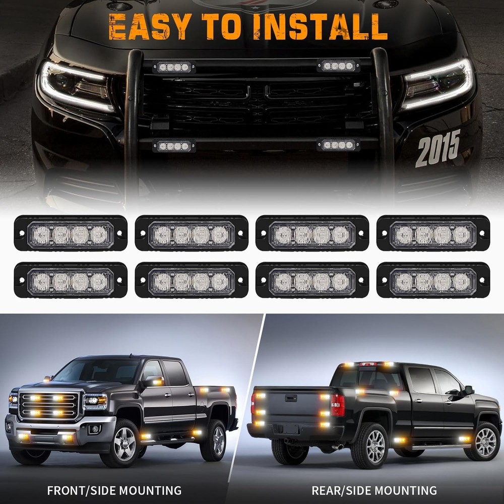 8PCS Sync LED Strobe Lights Truck Grill Emergency Flash Warning Lights