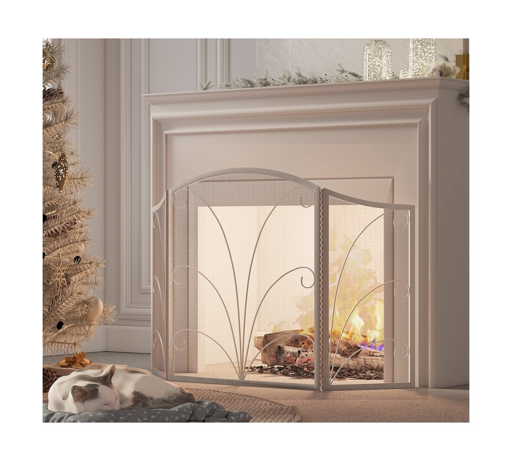Kingson 3-Panel Arched Fireplace Screen Decorative, Handcrafted Scroll Wrough...