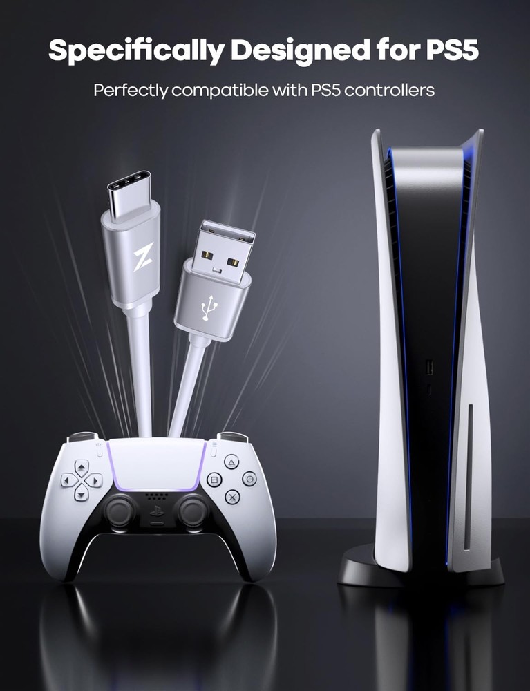 White PS5 USB C Charging Cable 10ft, Long Controller Charger