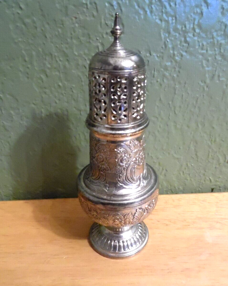 ANTIQUE TALL ORNATE ETCHED SILVERPLATE SUGAR SHAKER