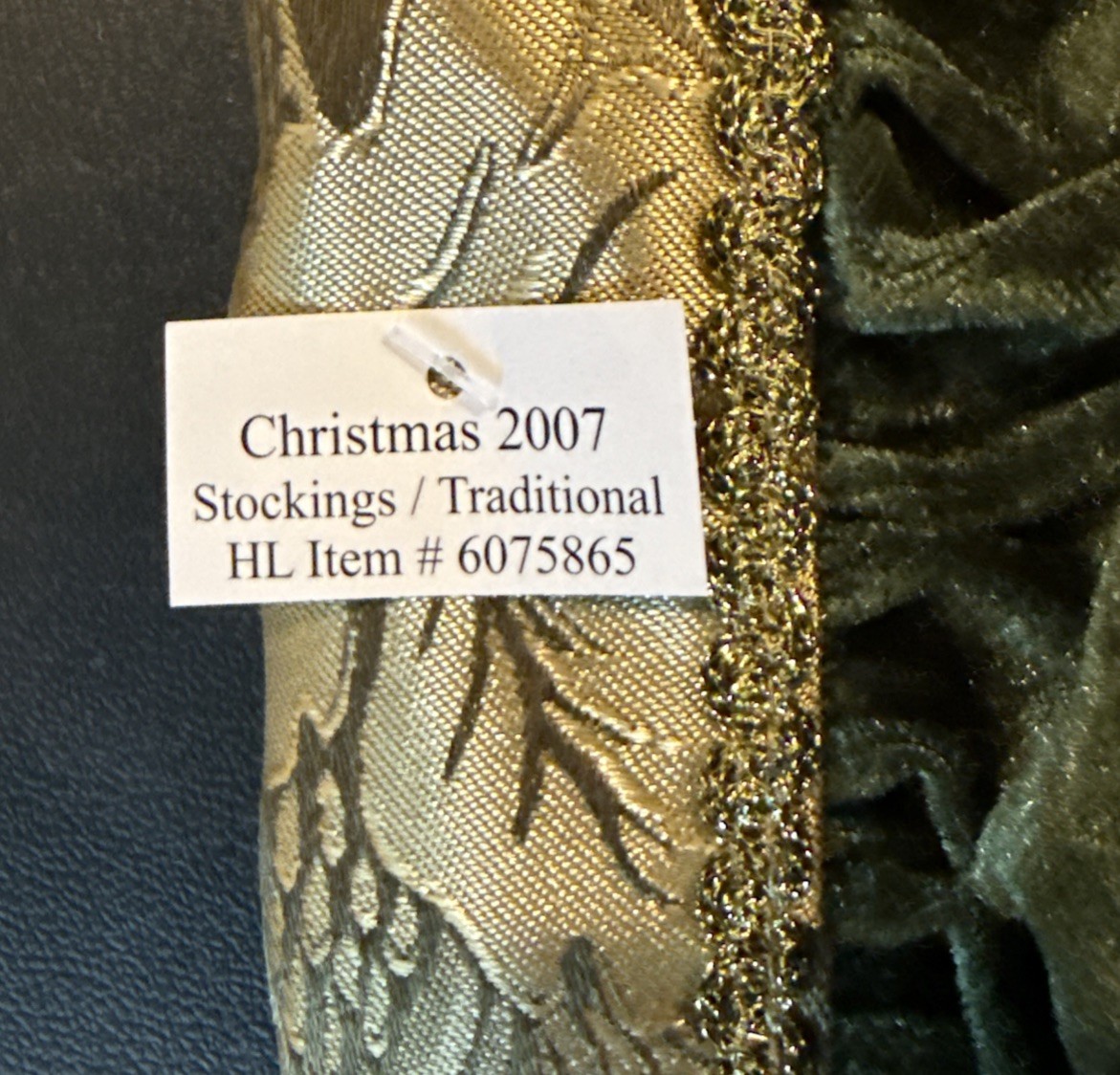 Victorian Style Damask Gold Fabric Green Velvet Trim Christmas Stocking 17” NEW