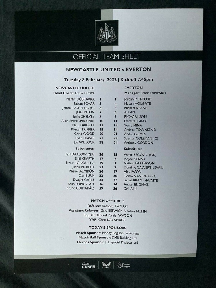 2021/22 Newcastle Utd v Everton teamsheet