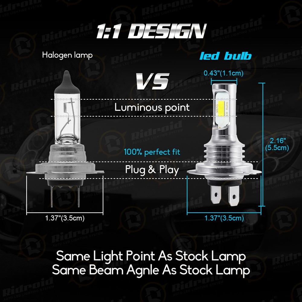 2 LED Headlight Bulbs Conversion Kit H7 High Low Beam Headlamp 6000K Super White
