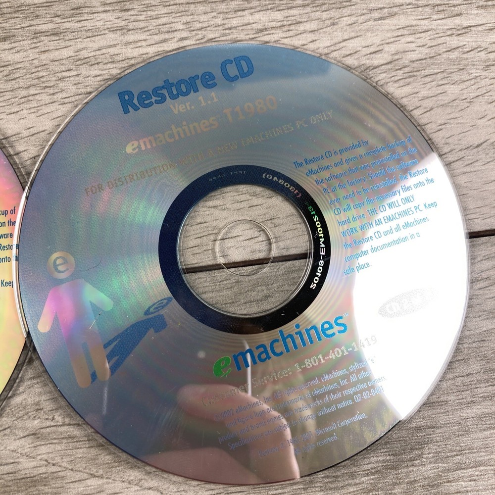 eMachines Restore CD T1980 Version 1.1 2 Disc Set Recovery Software